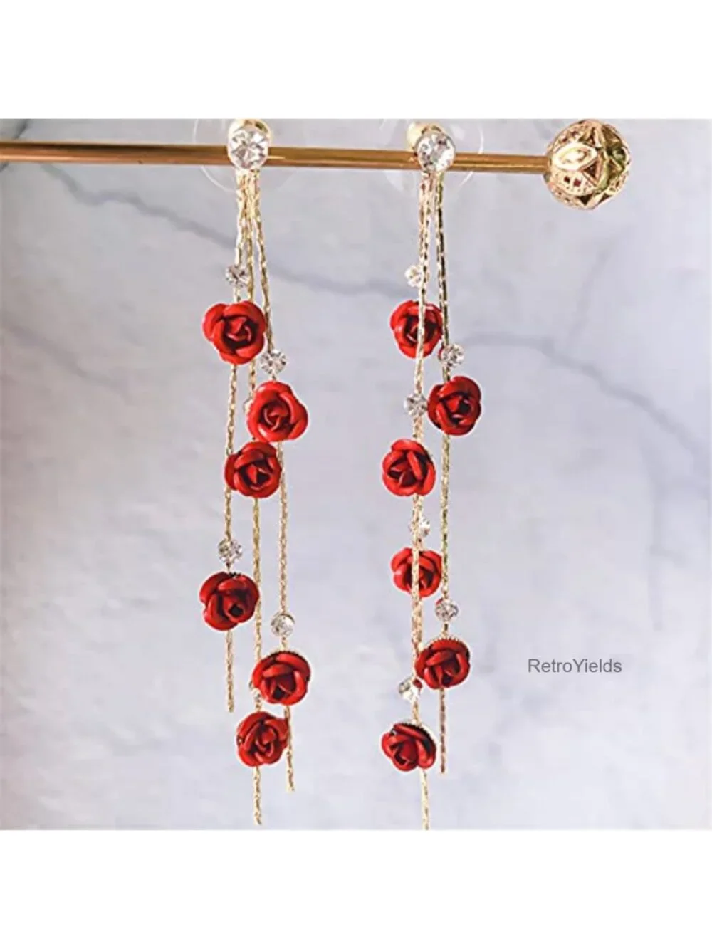 Long Tassel Chain Flower Dangle Drop Stud Earrings with White Crystal for Women